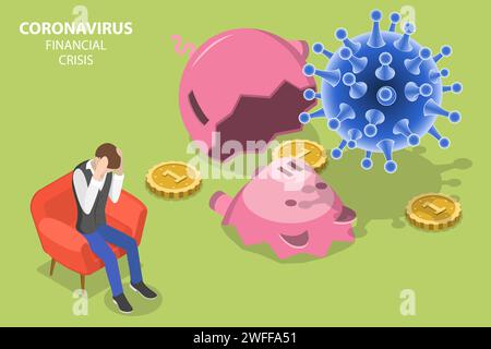 3D Isometrischer flacher Vektor Konzept des Coronavirus Auswirkungen auf geschäftliche und persönliche Ersparnisse, Finanzkrise, Geschäftsbankrott, Coronavirus COVID-19 O Stock Vektor