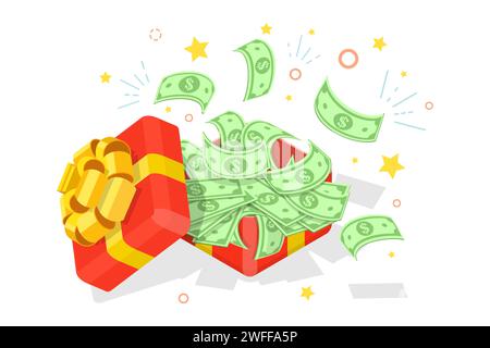 Isometrische flache Vektor-Illustration des offenen Geschenkkartons mit Geld. Stock Vektor