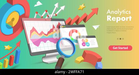 3D Isometrischer flacher Vektor konzeptionelle Darstellung von Analytics Geschäftsbericht, Finanzaudit, Datenanalyse. Stock Vektor