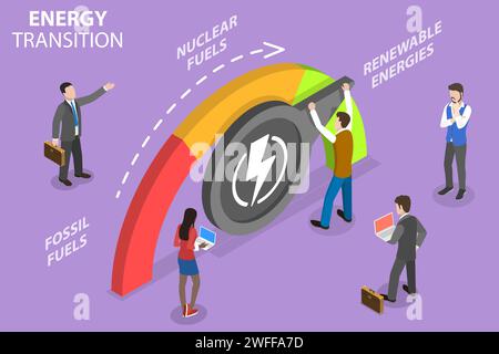 3D Isometrischer Flachvektor konzeptionelle Darstellung der Energiewende, des strukturellen Wandels in einem Energieenergiesystem von fossilen Brennstoffen zu erneuerbaren Energien. Stock Vektor