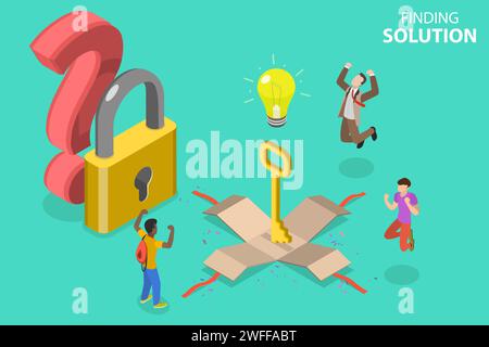 3D Isometrischer Flat Vector Konzept für Lösungsfindung, Brainstorming und Teamwork, einfacher Weg zur Problemlösung, bester Weg zur Zielerreichung. Stock Vektor
