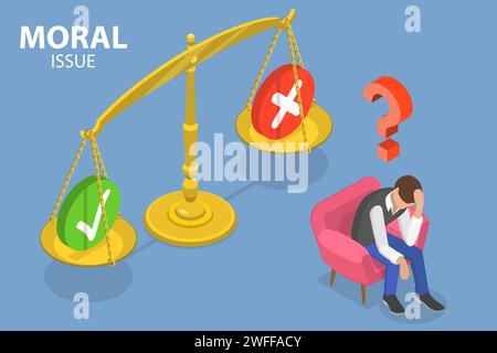 3D Isometrischer flacher Vektor konzeptuelle Illustration von moralischem Problem, ethischen Dilemma, Entscheidungsfindung. Stock Vektor