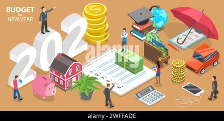 Budget für Finanzplanung für neues Jahr 2021, Business oder Family. Konzeptuelle 3D-Illustration des Isometrischen flachen Vektors. Stock Vektor