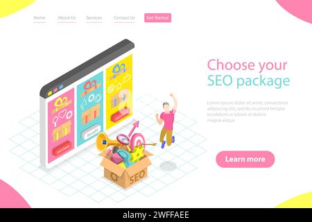 Flache isometrische Vektor-Landing-Page-Vorlage für SEO-Paketauswahl, Suchmaschinenranking, Marketing zur Optimierung von Websites. Stock Vektor