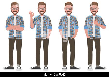 Ein hübscher lächelnder Bärenmann in verschiedenen positiven Körperpositionen. Illustration Des Abgewickelten Vektors. Stock Vektor