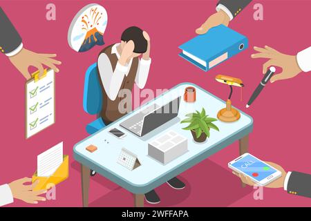 3D Isometrischer flacher Vektor konzeptuelle Illustration des erschöpften und gestressten Office Woker, überarbeiteter und müder Geschäftsmann, gelangweilte Papierarbeit, Projekt D Stock Vektor