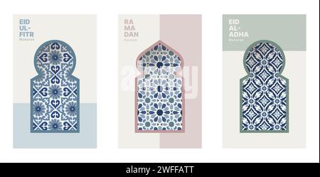 Ramadan Kareem, Eid al Adha Eid ul fitr Poster, Flyer. Festliche Weihnachtsgrüße, Einladungen. Wunderschöne arabische Zierfliesen Stock Vektor