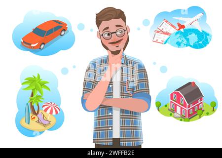3D Isometrischer flacher Vektor konzeptuelle Illustration des Menschen träumt von Auto, Seefahrt, Reise um die Welt und Haus. Stock Vektor