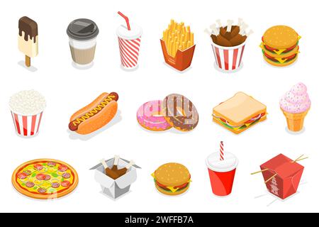 Isometrischer flacher 3D-Vektor-Symbol als Hot Dog, Donut, Eis, Pizza, Pommes frites, Kaffee, Soda, Hühnereimer, Sandwich, Asiatische Küche. Stock Vektor