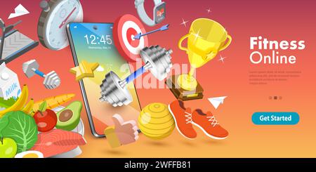 Konzeptionelle 3D-Vektor-Illustration von Online-Trainingskursen, Personal Fitness Coach, Training mit virtuellem Kursleiter, Mobile App für Training in Ho Stock Vektor