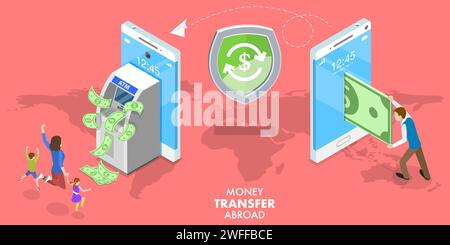 3D Isometrischer flacher Vektor konzeptionelle Illustration von Geldtransfer im Ausland, Geldtransfer auf der ganzen Welt, Online-Banking, Finanztransaktionen. Stock Vektor
