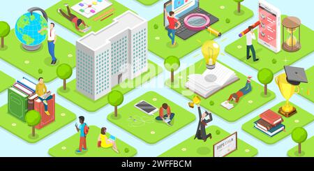 Flaches isometrisches Vektorkonzept des Campus. Die Schüler verbringen ihre Zeit damit, zu lesen, zu lernen, zu plaudern, zu Fuß zu gehen usw. Rund um die Universität. Stock Vektor