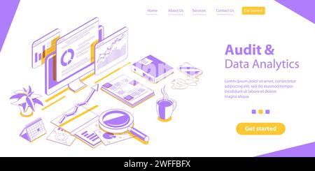 Auditbericht und Datenanalyse, Unternehmensleistungsanalyse. Konzeptuelle 3D-Illustration des Isometrischen flachen Vektors. Stock Vektor