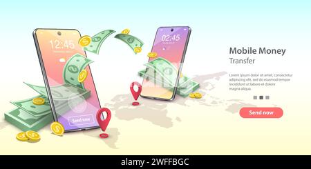 Vektorkonzeptdarstellung des mobilen Geldtransfers. Zwei Smartphones und ein Bündel der Banknoten und Münzen fliegen von einem Smartphone zum anderen Stock Vektor