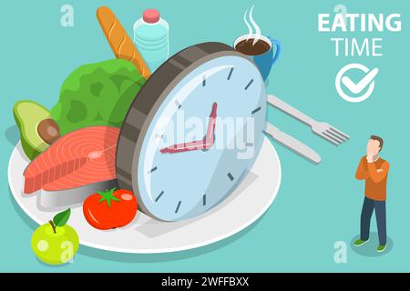 3D Isometrischer flacher Vektor konzeptuelle Illustration der Essenszeit, gesunde Ernährung Regime. Stock Vektor