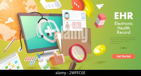 Konzeptionelle 3D-Vektor-Illustration von EHR – elektronische Patientenakte, elektronisch gespeicherte Patientengesundheitsinformationen, Anamnese. Stock Vektor