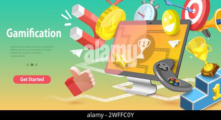 Konzeptionelle 3D-Vektor-Illustration von Gamification, interaktiven Inhalten, Kundenbindung. Stock Vektor