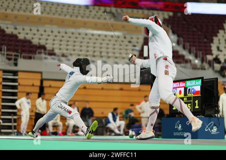 Doha, Katar. 30. Januar 2024. Akira Komata (JPN) Fechten : FIE Fencing World Grand Prix Qatar Herrenespei in der Lusail Sports Arena in Doha, Katar . Quelle: Naoki Morita/AFLO SPORT/Alamy Live News Stockfoto