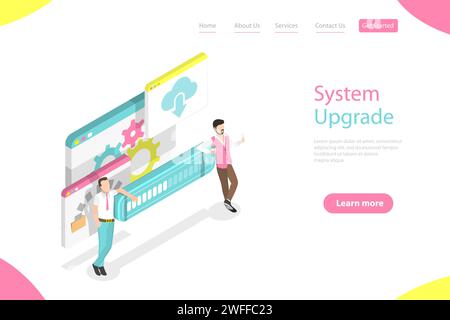 Vorlage der Landingpage für isometrische flache Vektoren für Datenübertragungsprozess, System-Upgrade, Fortschritt beim Herunterladen von Dateien. Stock Vektor