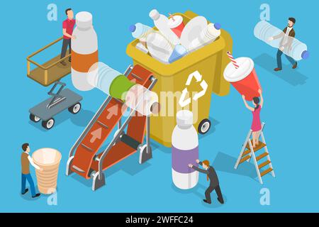 3D Isometrischer flacher Vektor konzeptuelle Illustration des Sammelns von Plastikmüll in Recycling-Abfallbehälter, Polythene Einweg-Müll Problem. Stock Vektor