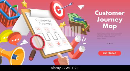 3D Isometrischer flacher Vektor konzeptuelle Darstellung der Customer Journey Map, des Kaufprozesses für Benutzer, der Verkaufsförderung und Werbung für Stores, des Benutzerfeedbacks und der Rete Stock Vektor