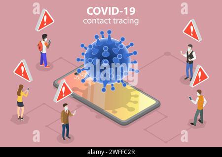 3D Isometrischer flacher Vektor konzeptionelle Illustration der Coronavirus Contact Tracing App, ENS - Exposure Notification System. Stock Vektor