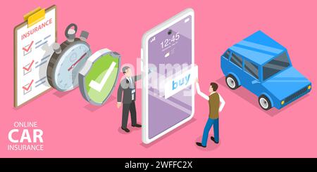 3D Isometrischer flacher Vektor Konzept der Mobile Car Insurance App, Auto Financial Protection. Stock Vektor