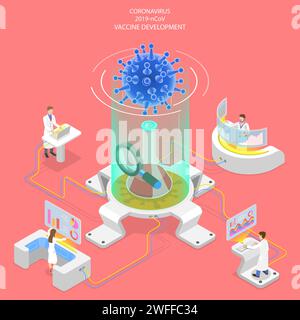 3D Isometrisches Vektorkonzept der Coronavirus-Impfstoffforschung, Prävention 2019-nC0V-Krankheit, Bewusstsein und Warnung gegen neuartiges Virus, SARS-CoV-2-Krankheit Stock Vektor