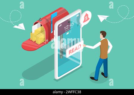 3D Isometrischer Flachvektor Konzept von Newsletter und Abonnement, Mobile E-Mail Marketing und Werbekampagne, digitale Werbung, Senden eines AD-Chaos Stock Vektor