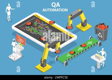 3D Isometrischer flacher Vektor konzeptionelle Darstellung der automatisierten Software-Qualitätssicherung, QS-Automatisierung. Stock Vektor