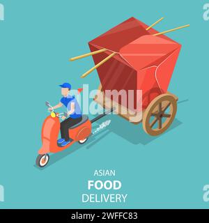 Isometrisches flaches Vektorkonzept der asiatischen Lebensmittellieferung, japanisches Sushi, Wok-Nudeln, chinesische Take-away-Box. Stock Vektor