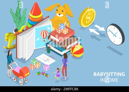 3D Isometrischer flacher Vektor konzeptuelle Illustration des Babysitter-Einkommens, Babysitter-Service. Stock Vektor