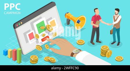 3D-Isometrischer flacher Vektor-Konzept der digitalen PPC-Marketingkampagne, Pay-per-Click-Werbung, Affiliate Sales, Empfehlungsprogramm. Stock Vektor