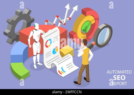 3D Isometrischer flacher Vektor konzeptionelle Darstellung des automatisierten Seo-Berichts, Tools zur digitalen Marketingautomatisierung. Stock Vektor