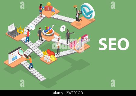 3D Isometrischer flacher Vektor konzeptuelle Darstellung der Suchmaschinenoptimierung, SEO-Ranking, Website Web Analytics. Stock Vektor
