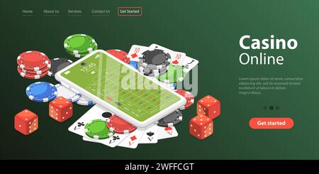 3D Isometrische flache Vektor Landing Page Vorlage der Online-Glücksspielplattform für Live Poker, Roulette, Spielautomaten und Würfel, Internet Casino. Stock Vektor