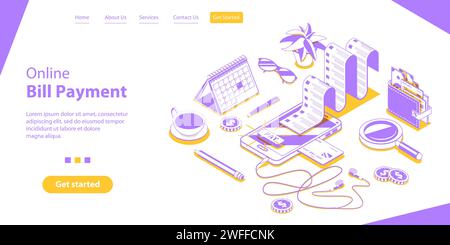 Rechnung Online-Zahlung, sicheres mobiles Einkaufen und Banking. Landing-Page-Vorlage für isometrischen flachen 3D-Vektor. Stock Vektor