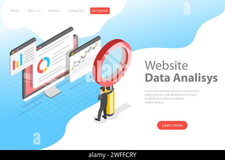 Flache isometrische Landing-Page-Vorlage für Website-Datenanalyse, Webanalyse, SEO-Auditbericht, Marketingstrategie. Stock Vektor