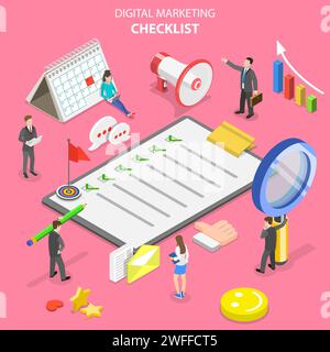 Isometrisches Flachvektorkonzept von Marketing-Checkliste, digitalem Marketing, Internet-Werbekampagne. Stock Vektor