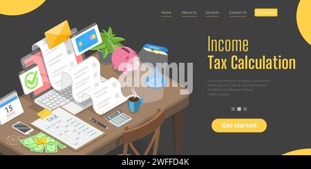 Landing-Page-Vorlage für isometrische flache 3D-Vektoren für Steuerberichte, Berechnung der Steuererklärung. Stock Vektor