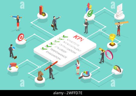 3D Isometrischer Flachvektor konzeptuelle Darstellung des KPI - Kennzahlenindikator, Typ der Leistungsmessung. Stock Vektor
