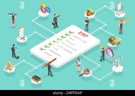 3D Isometrischer flacher Vektor konzeptionelle Darstellung von ERP – Enterprise Resource Planning, Business Automation and Innovation Stock Vektor