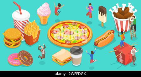 3D Isometrischer flacher Vektor konzeptionelle Illustration von Fast Food, Menschen freuen sich neben Lebensmitteln wie Hot Dog, Eisgetränk, Burger, Donut, Eis, Pi Stock Vektor