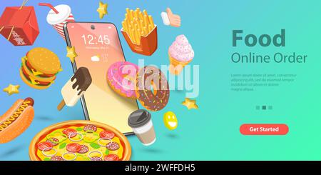 3D Isometrischer flacher Vektor Landing Page für Restaurant und Café Online Food Bestellen Web Service, Essen online zum Mitnehmen, schnelle kostenlose Lieferung. Stock Vektor
