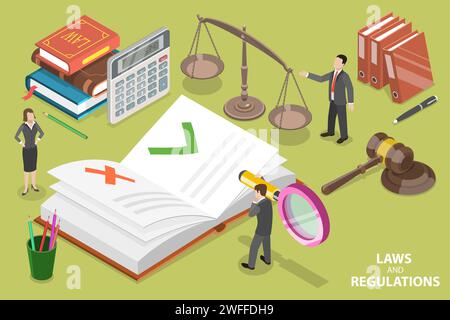 3D Isometrischer Flat Vector konzeptuelle Darstellung von Gesetzen und Vorschriften, Compliance und Richtlinienmanagement. Stock Vektor