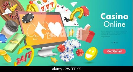 3D Isometrischer flacher Vektor konzeptuelle Illustration der Online-Glücksspielplattform für Live Poker, Roulette, Spielautomaten und Würfel, Internet Casino. Stock Vektor