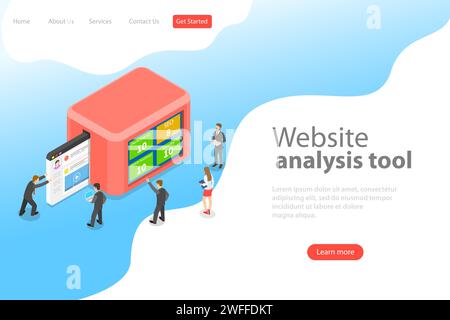 Flache isometrische Landing-Page-Vorlage für Website-Datenanalyse, Webanalyse, SEO-Auditbericht, Marketingstrategie. Stock Vektor