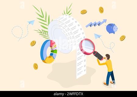 3D Isometrischer flacher Vektor konzeptionelle Darstellung von Finanzbuchhaltung, Geschäftsplanung und Audit. Stock Vektor