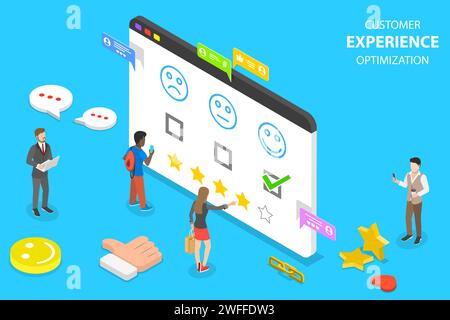 Isometrisches flaches Vektorkonzept für Optimierung der Kundenerfahrung, crm, Beziehungsmanagement, Kundenbewertung, Benutzerzufriedenheit. Stock Vektor