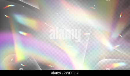 Regenbogeneffekt mit Überfang. Realistische Vektorillustration der holographischen Kristallbrechung, Prisma-Hologramm-Licht mit verschwommenen Funkeln. Abstrakte Linsenblendung, Sonnenstrahlen auf transparentem Hintergrund. Stock Vektor